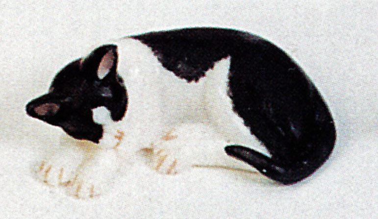 black and white sleeping dollhouse cat