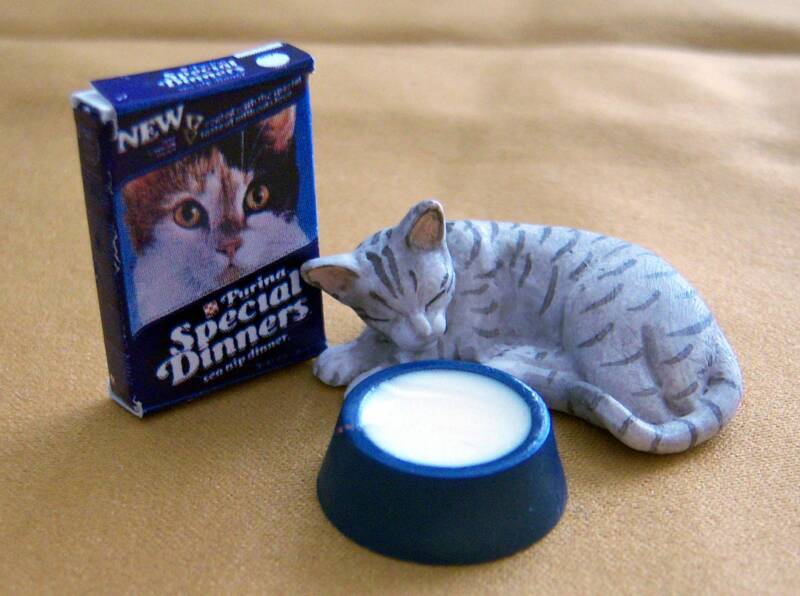 dollhouse cat with special dinners food and milk bowl