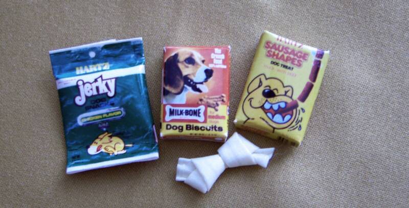 dollhouse dog jerky, milkbones, snausages and bone