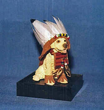 dollhouse golden lab with indian feather headress and leather trim