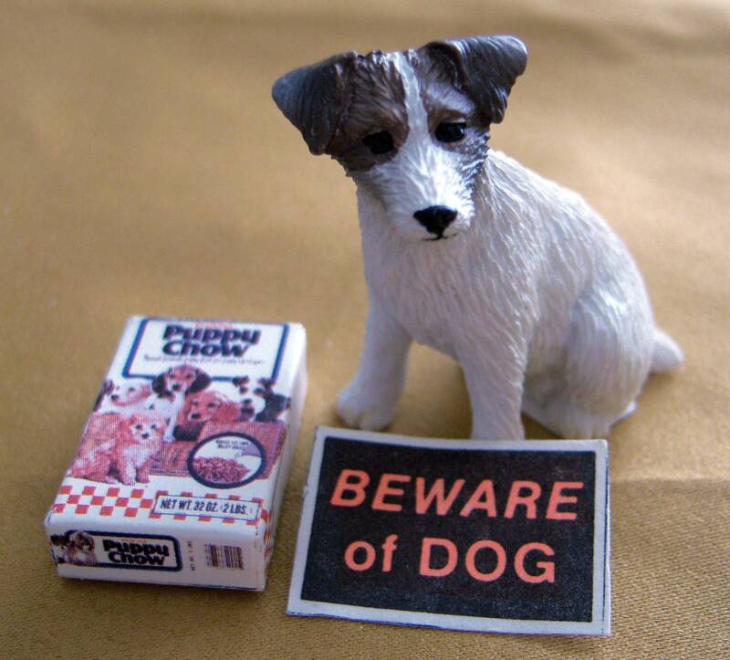 dollhouse jack russell with puppy chow and sign